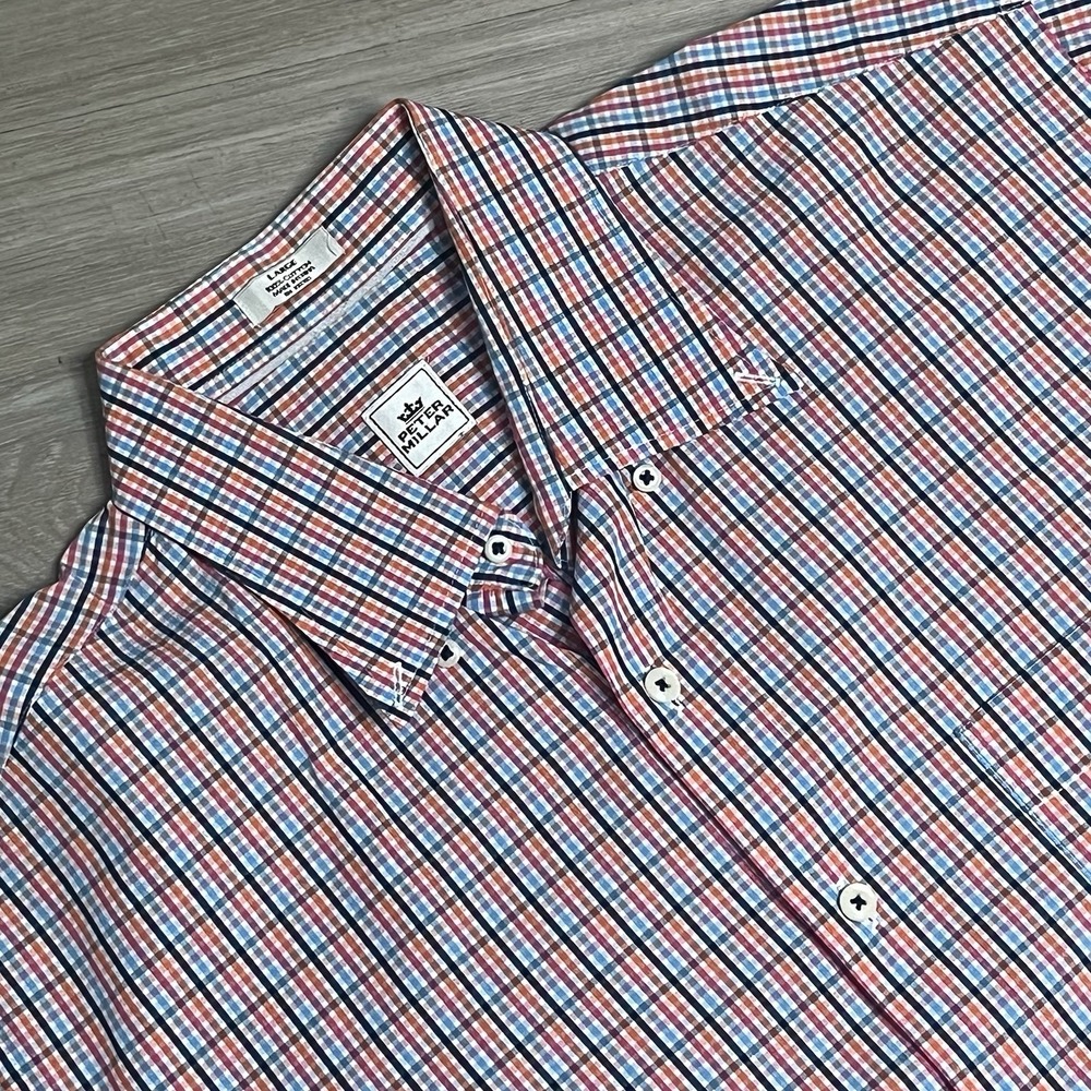 Peter Millar Mens Large Gingham Check Short Sleeve Button Down Shirt Multi Color